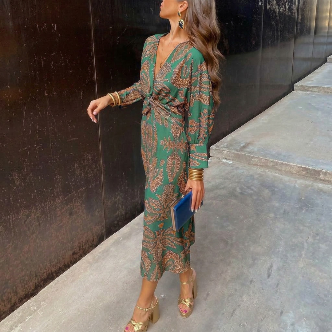 Isadora – Vestito Midi Elegante con Nodo in Vita e Stampa Artistica