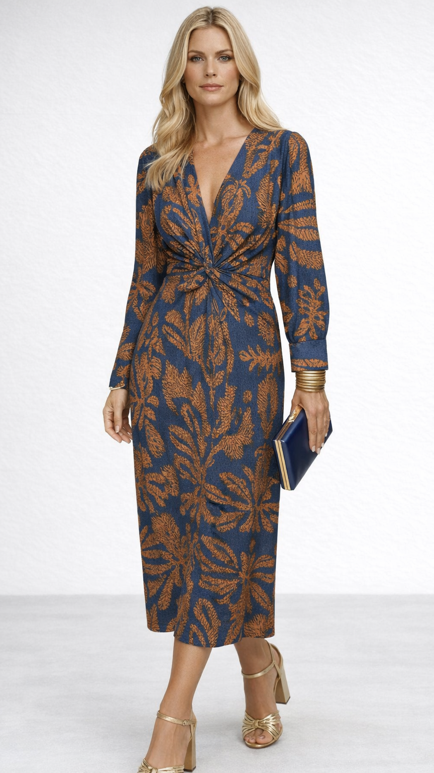Isadora – Vestito Midi Elegante con Nodo in Vita e Stampa Artistica